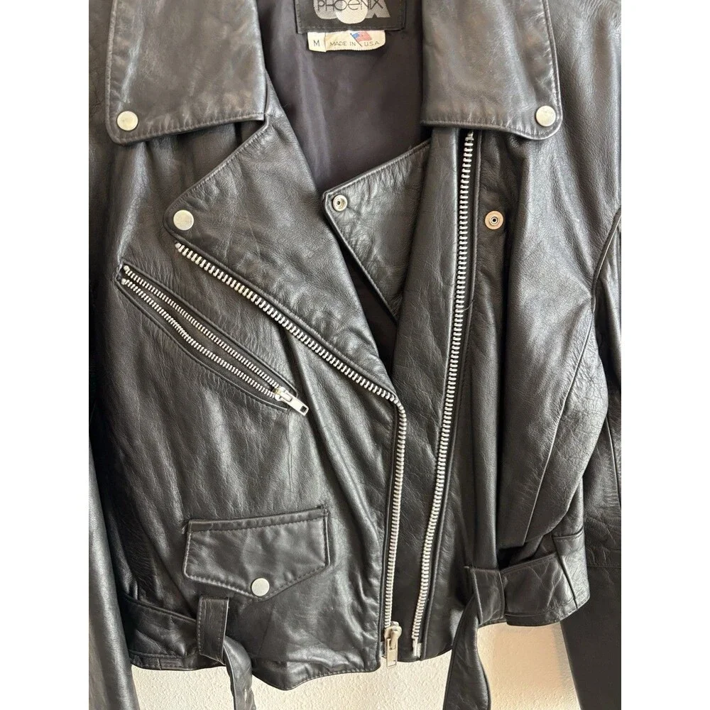 VTG Phoenix USA Leather Motorcycle Jacket Black Cropped Belted Moto 90s‎ M